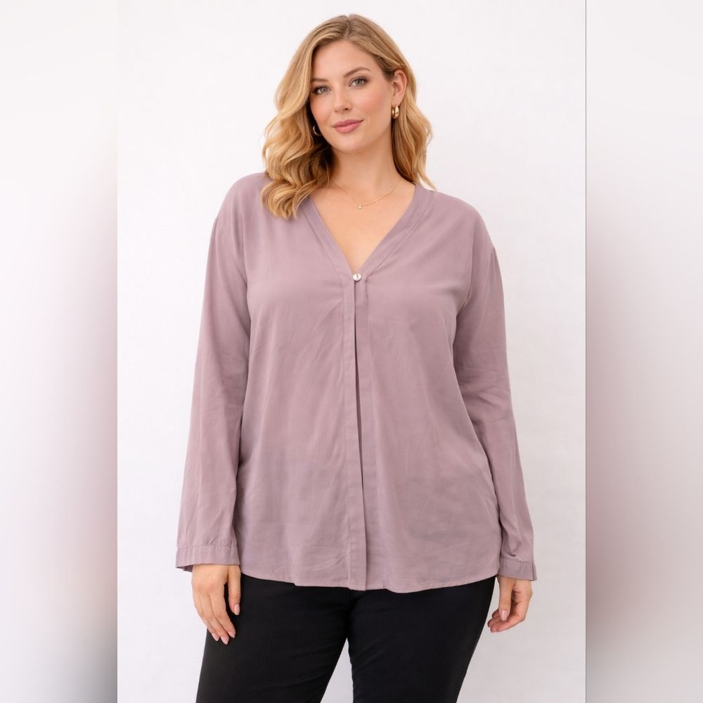 Lord Taylor Womens Plus 18w Silk Blend Blouse Purple V Neck Long Sleeve Stretch